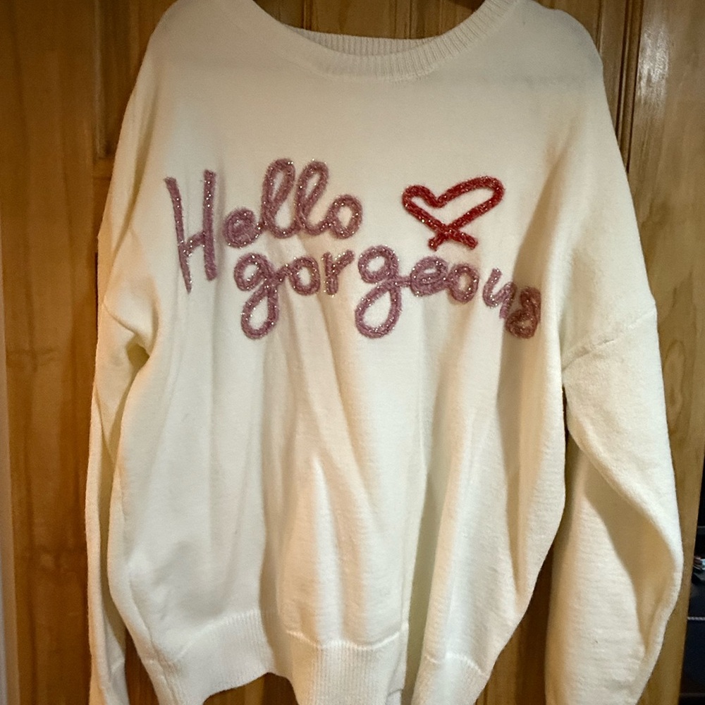 Women's Cream Sweater with Pink Embroidery